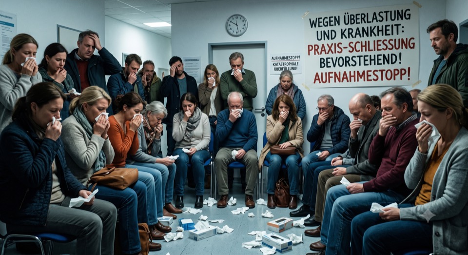 Überfülltes Wartezimmer mit Hinweis auf drohenden Aufnahmestopp